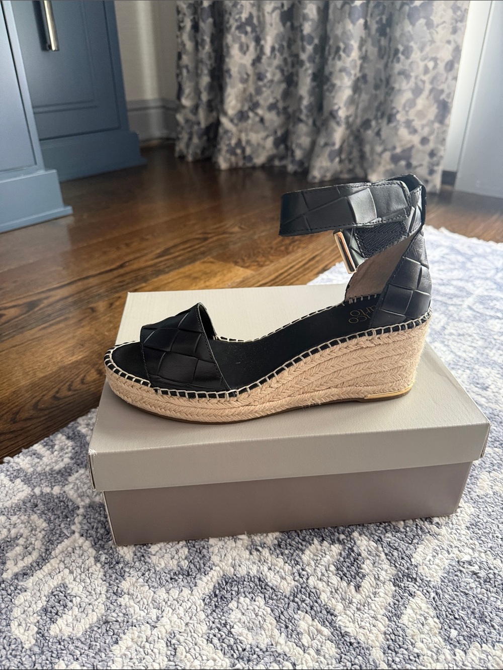 Franco Sarto Black Woven Espadrille Wedge Sandals with Ankle Strap